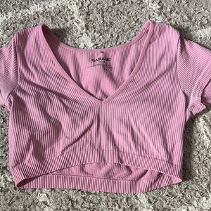 Garage Pink Ribbed V-Neck Crop Top